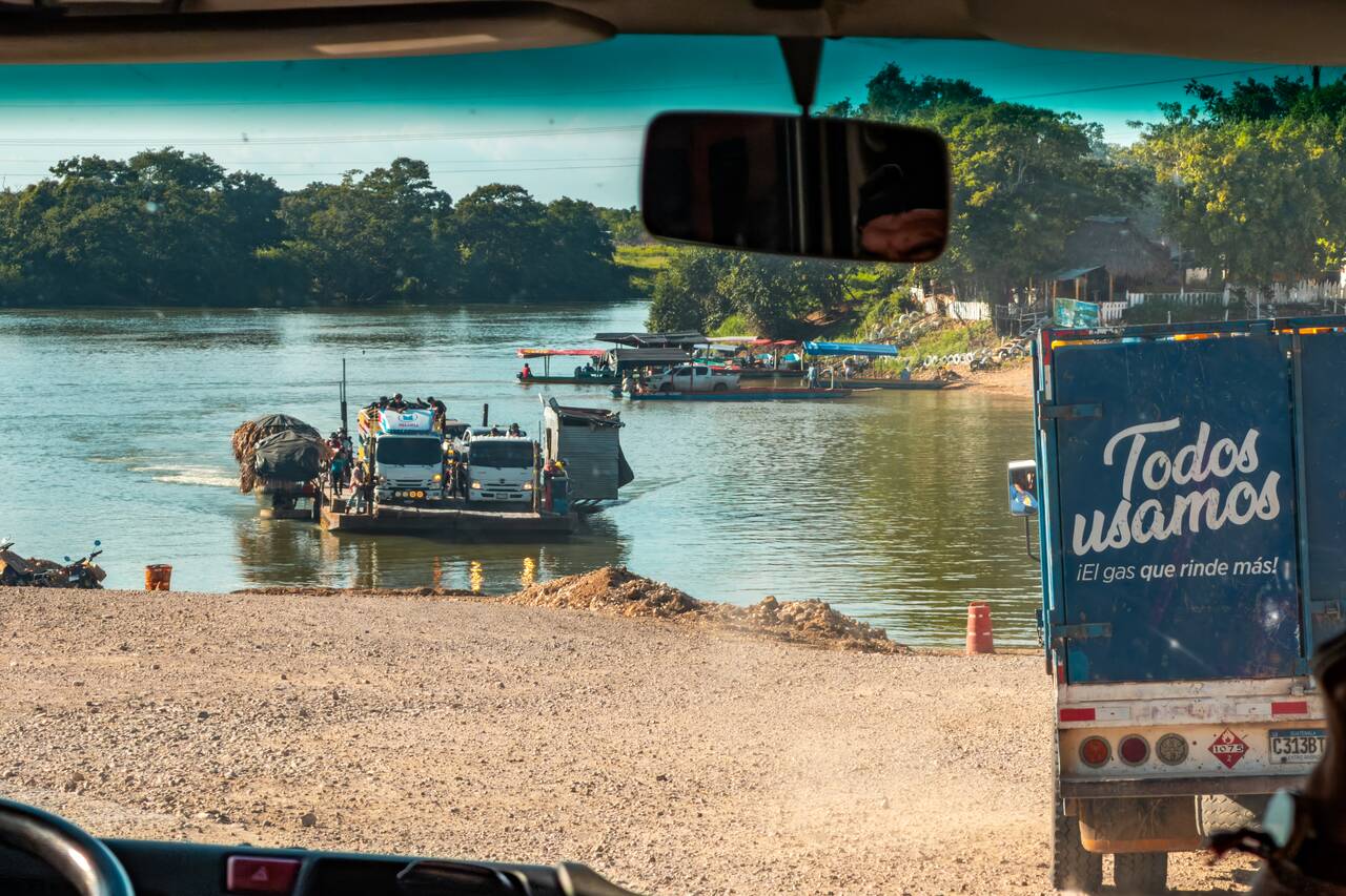 A small ferry river crossing traveling to Flores
