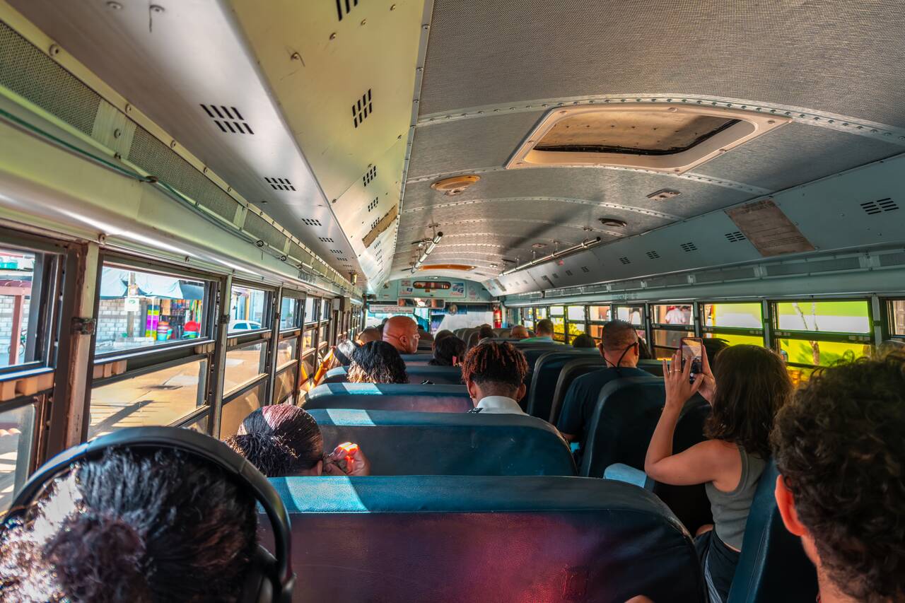 Inside a local bus from San Ignacio to Belize City