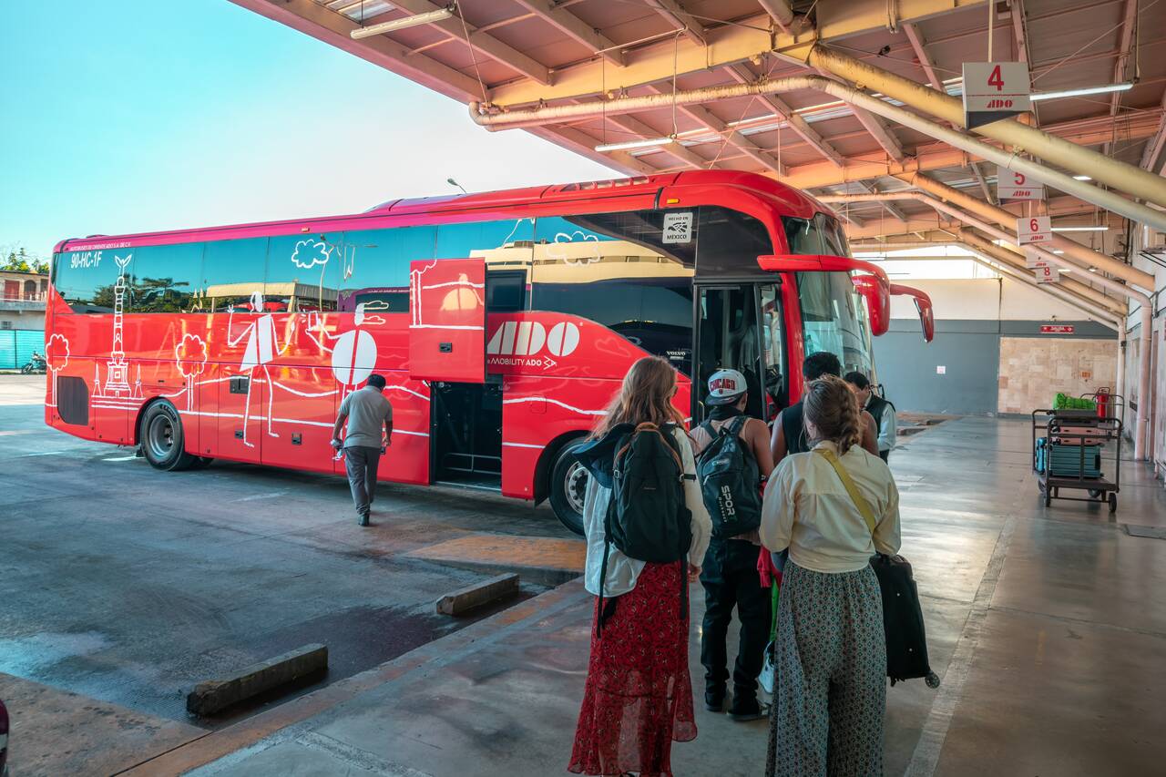 People getting on ADO bus from Chetumal to Bacalar
