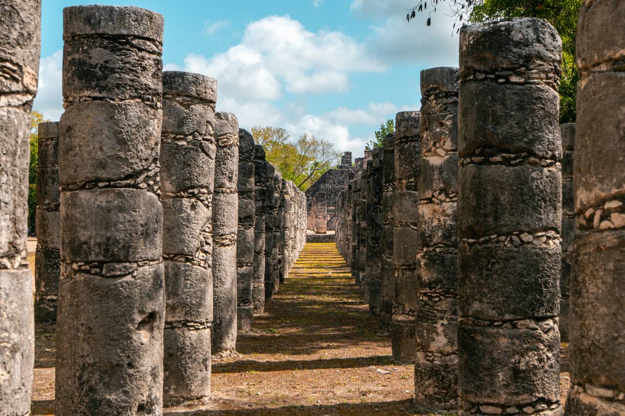 The columns lining up at the Temple of the Warriors