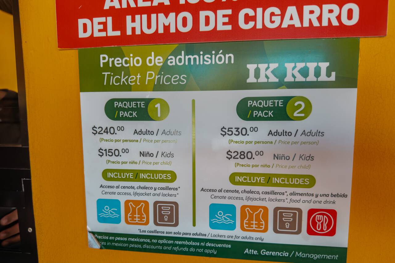 The entrance fee sign at Ik Kil Cenote