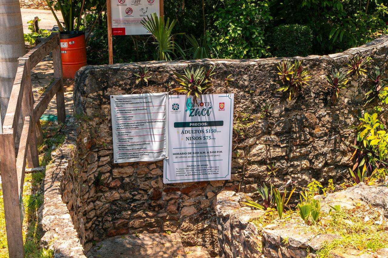 The admission fee sign at Cenote Zací
