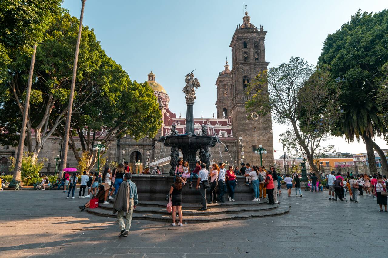 People hanging out at Puebla's Historic Center