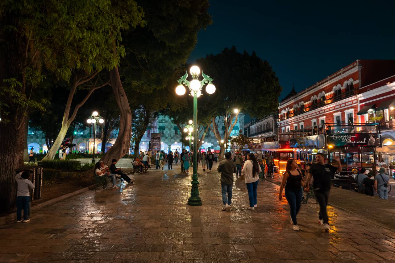 Lively street at Puebla's Historic Center at night