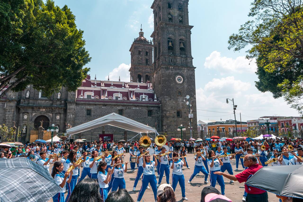 A massive school band celebration at Puebla's Historic Center