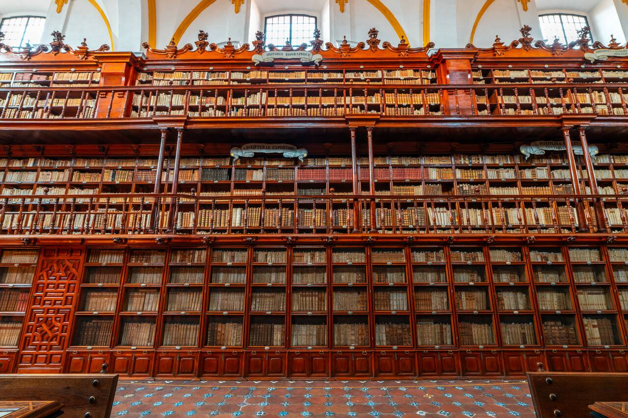 the 3-level shelves at Biblioteca Palafoxiana