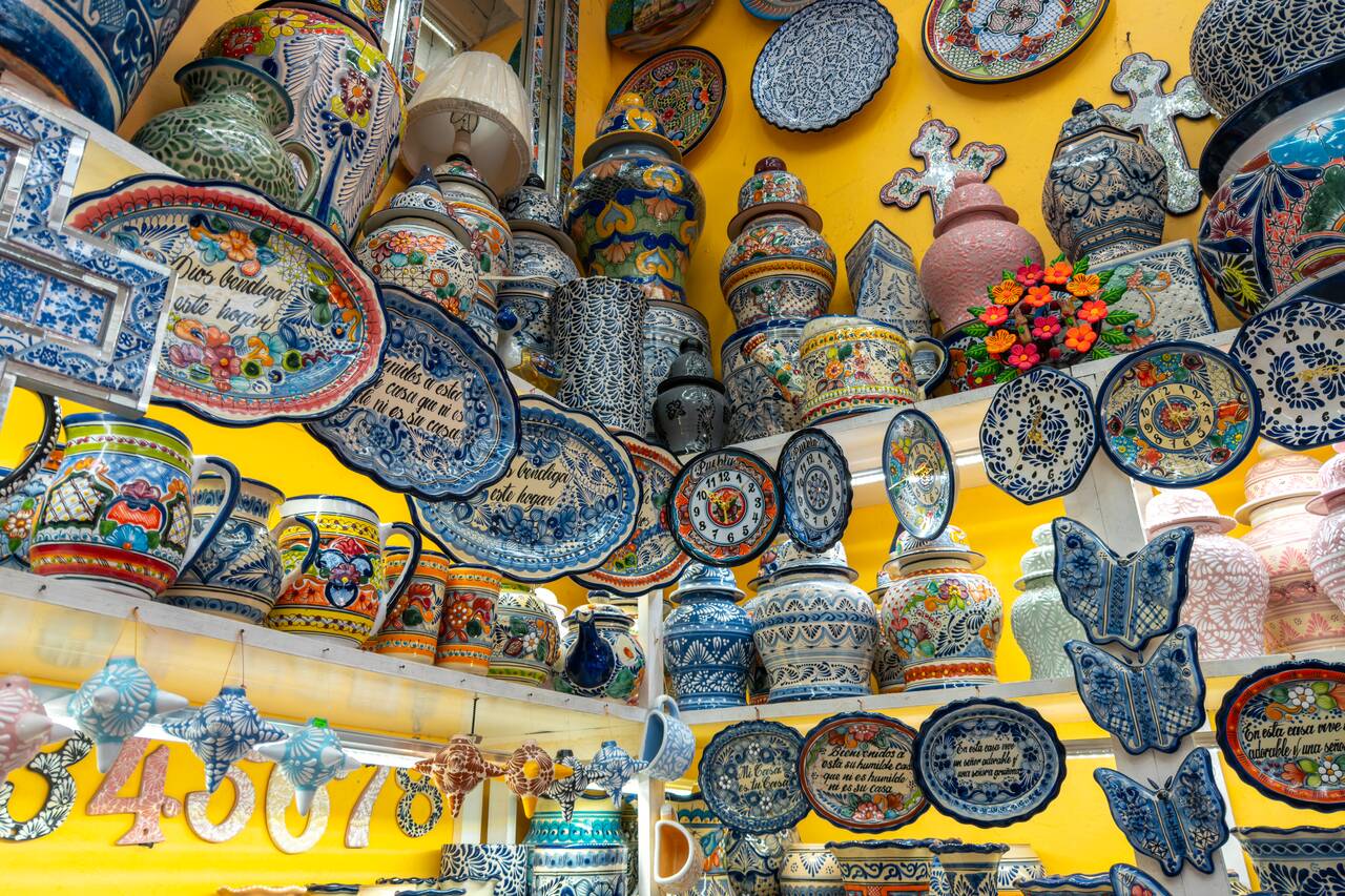 Colorful Talavera pottery pieces at a shop in the Artist Quarter