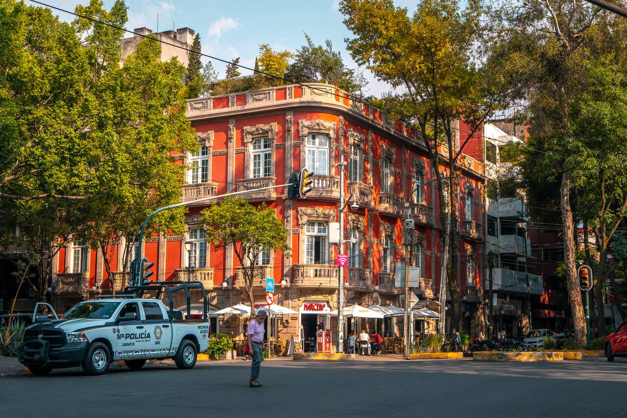 A red colonial style building at Roma Norte
