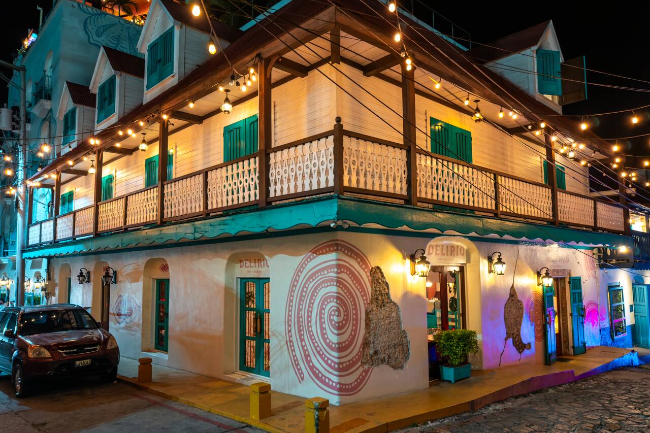 Colorful houses on Flores Island at night