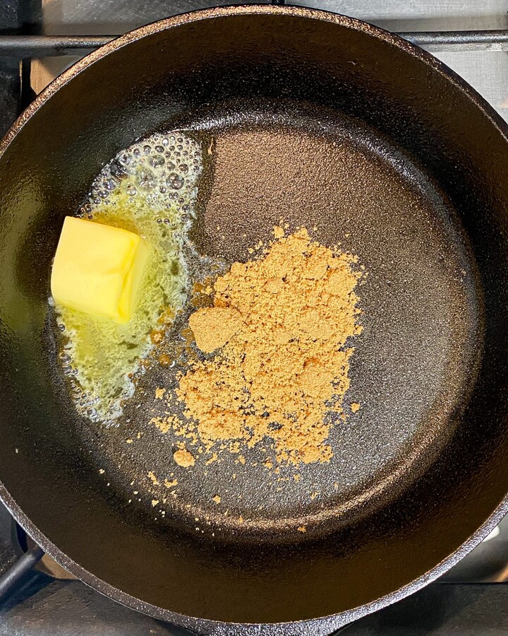 Place the brown sugar and the butter into a saucepan and set over medium heat. Place the brown sugar and the butter into a saucepan and set over medium heat.