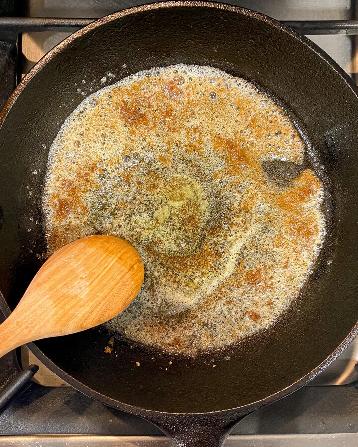 Stir the brown sugar and butter together well. Keep stirring the mixture as the butter melts. It will become thicker and tackier. Stir the brown sugar and butter together well. Keep stirring the mixture as the butter melts. It will become thicker and tackier.