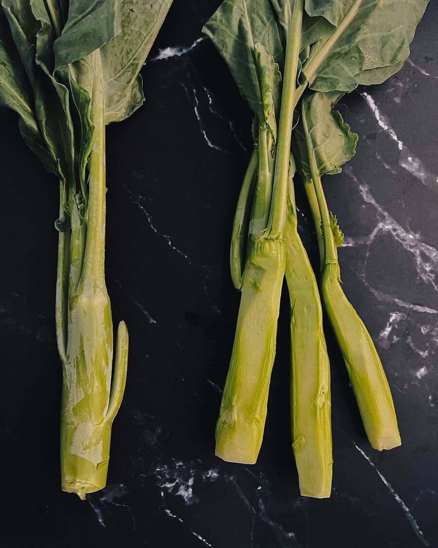 To prepare Gai-lan or Chinese broccoli, you have to remove the peel from the stem, although you can also keep it on for a slightly bitter taste.