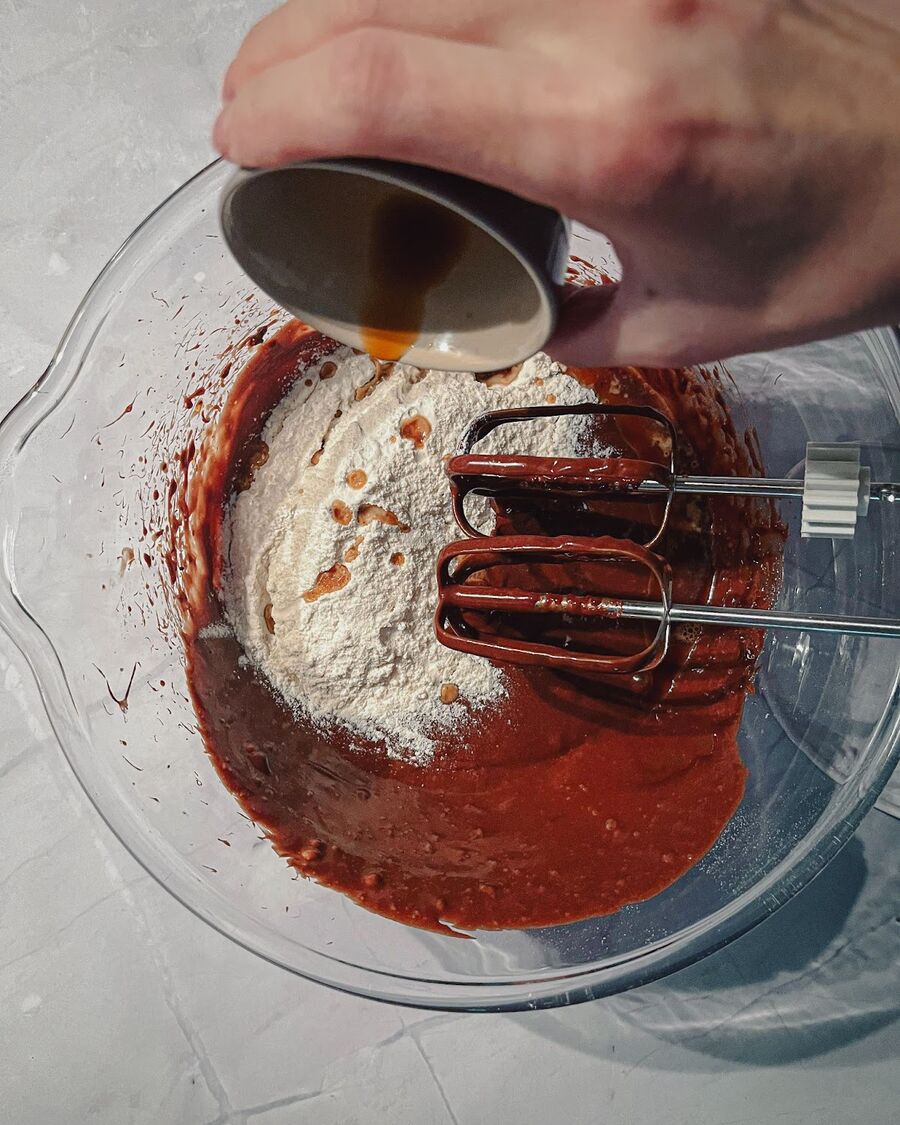 Mix in the flour and vanilla extract until just combined.