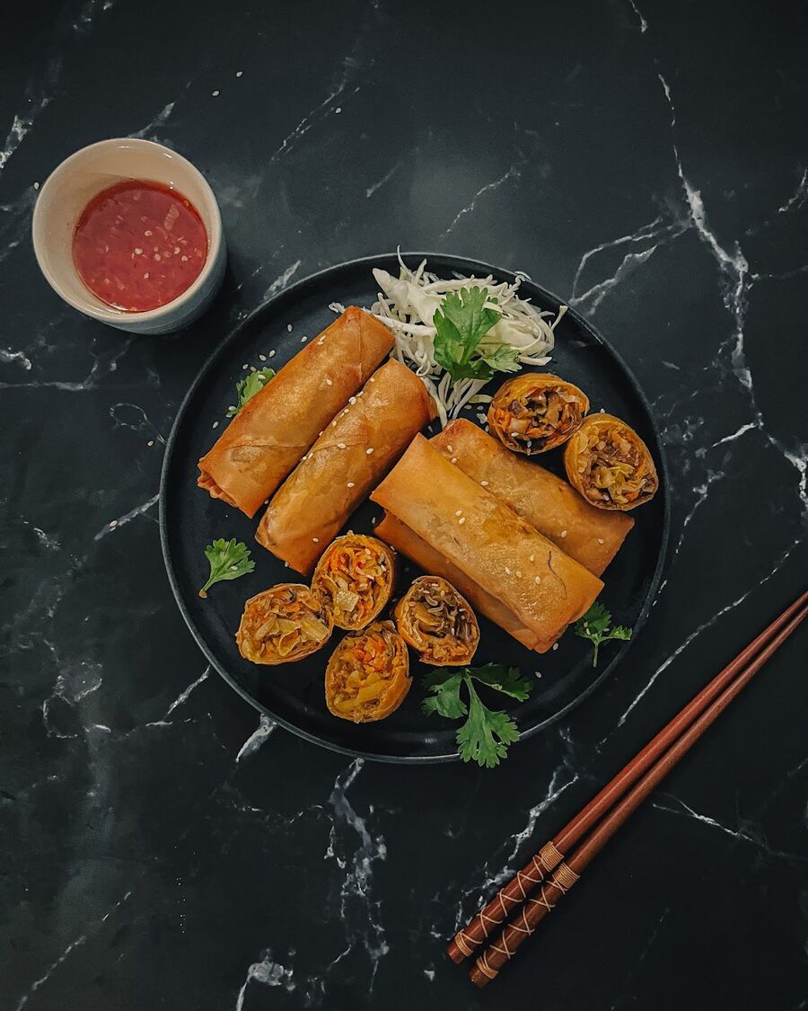 Serve the Thai Vegetarian Spring Rolls with Thai sweet chili sauce as a dipping sauce.