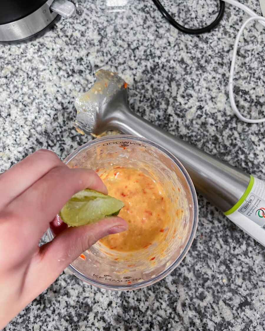 Squeeze lime juice into the mayonnaise sauce and stir to combine. Taste and adjust the seasoning as desired for your preference.