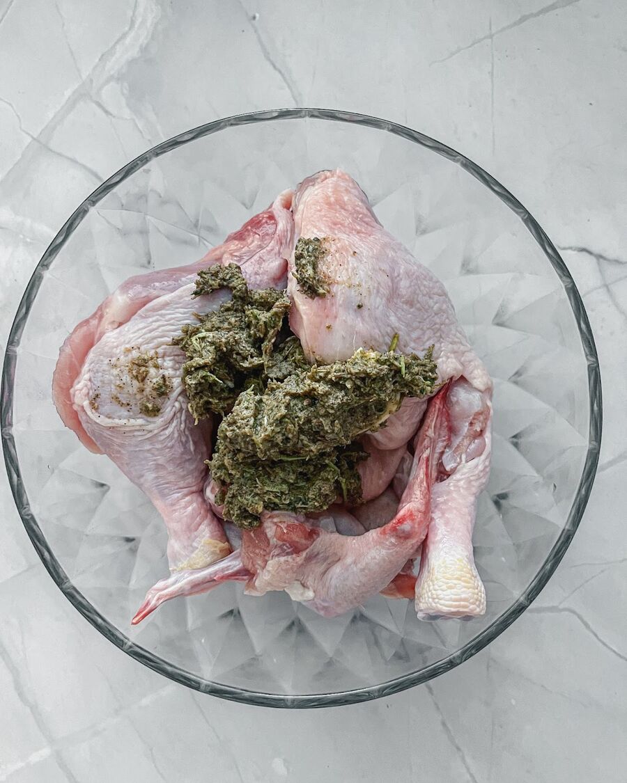 Add the blended mixture to the chicken and combine evenly.