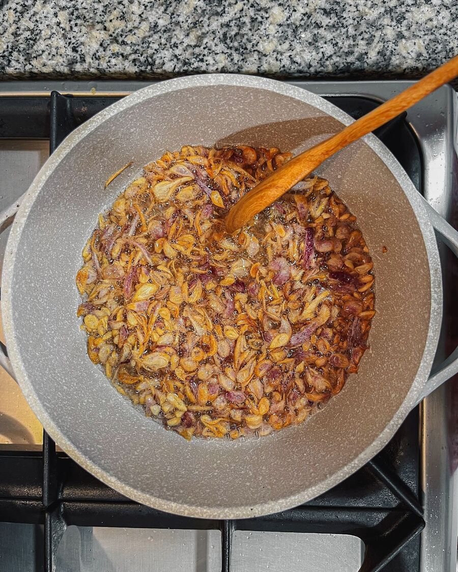 Meanwhile, fry your diced shallots until it turns golden. You can see it in our fry shallots recipe here