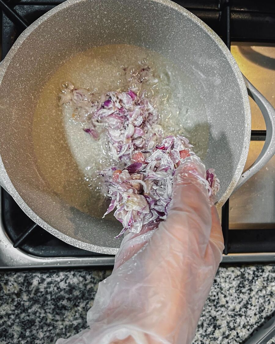 Turn the heat down to medium-low and then add the rest of the sliced shallots.