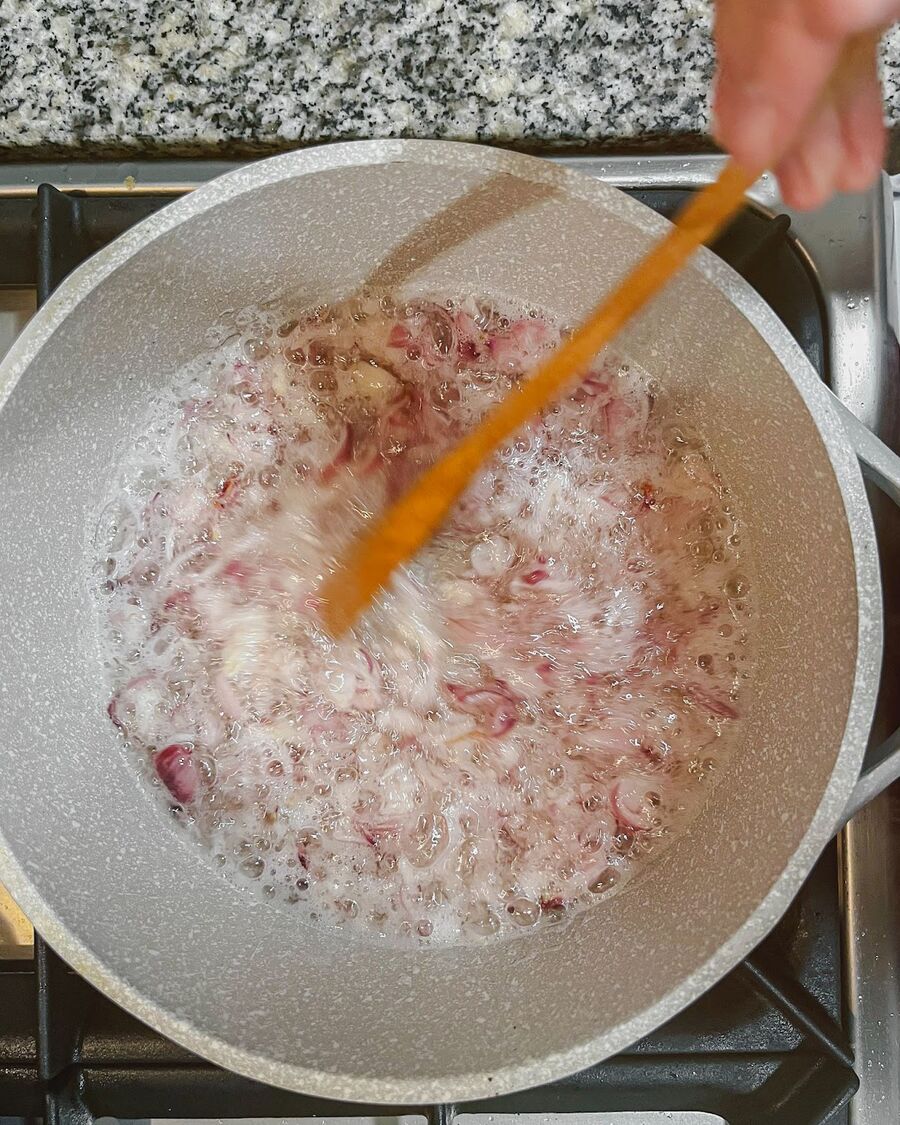 Stir the shallots frequently until they start to bubble, about 3-4 minutes, and keep stirring constantly.