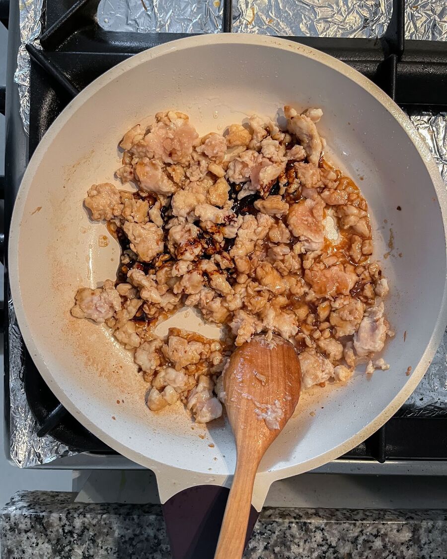 Add the sauce mixture and stir until it fully coats the chicken.