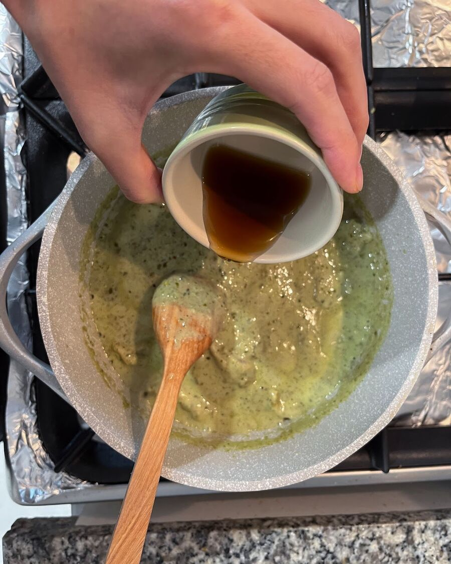 Add the fish sauce and palm sugar to the pot, and continue to stir until the palm sugar has completely dissolved. The sweetness of the palm sugar will create a harmonious balance with the other flavors present in the dish.