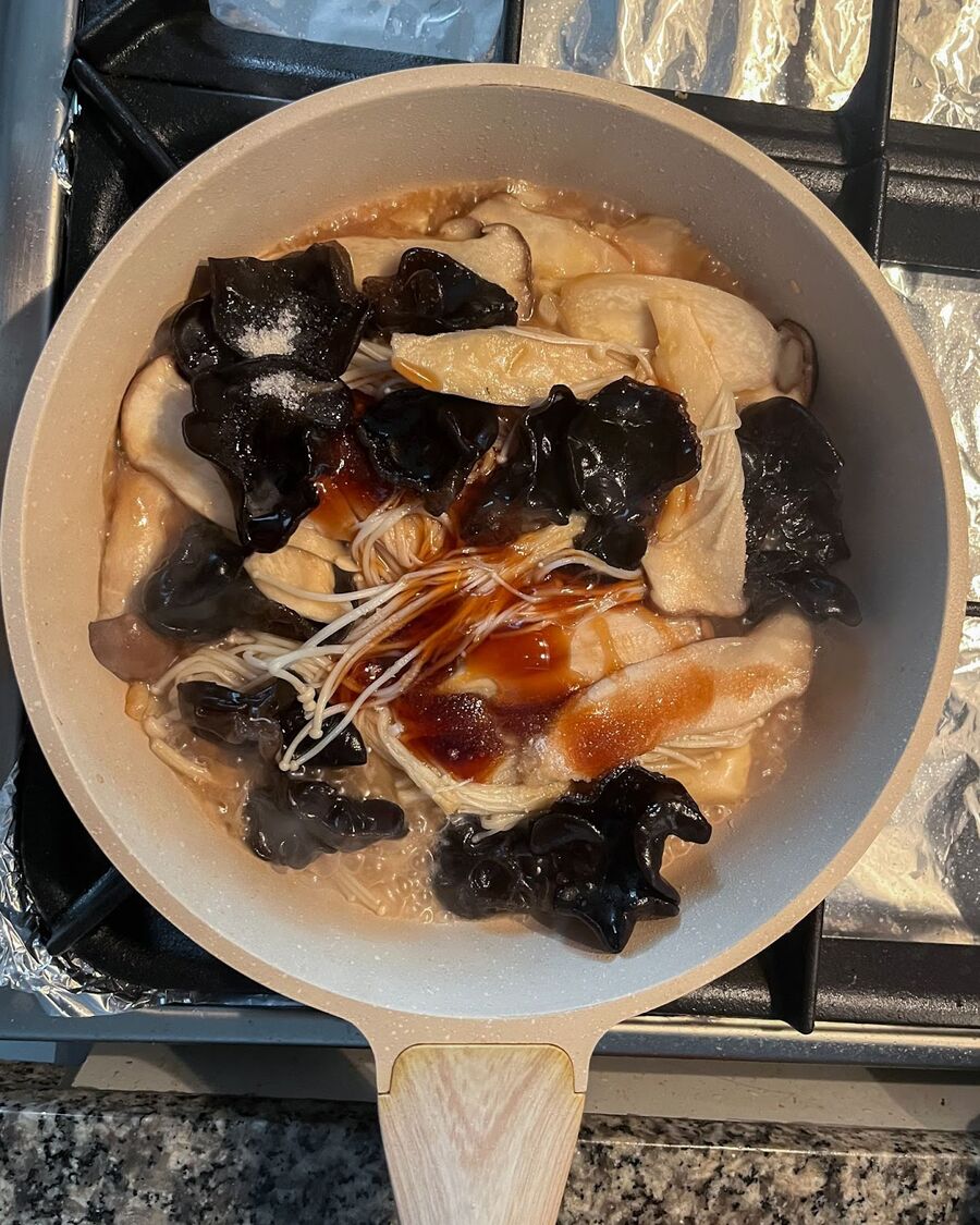 Pour the sauce mixture over the mushrooms. Stir them well and let them cook for about 3 minutes or until the mushrooms reach your desired level of tenderness. If the sauce mixture looks too dry, you can also add 2 tablespoons of water.