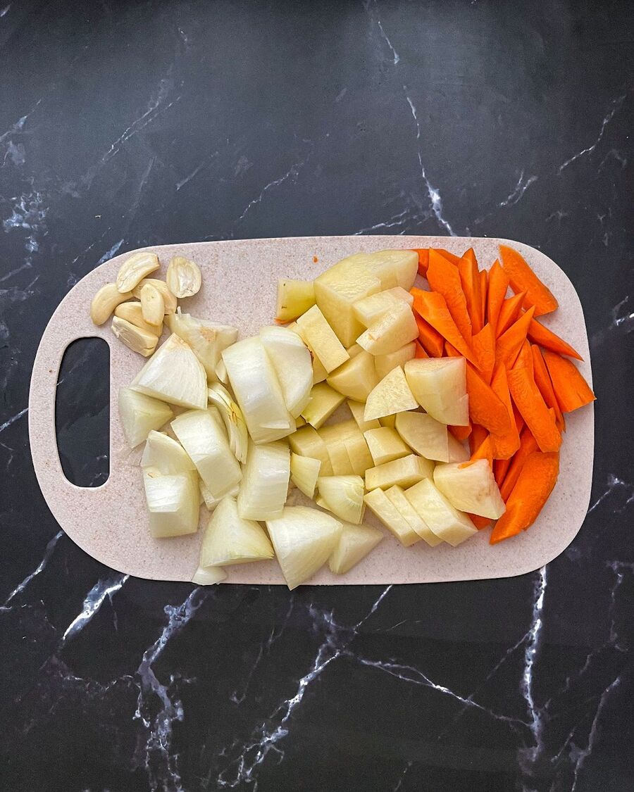 Cut all the vegetables into bite-sized pieces.