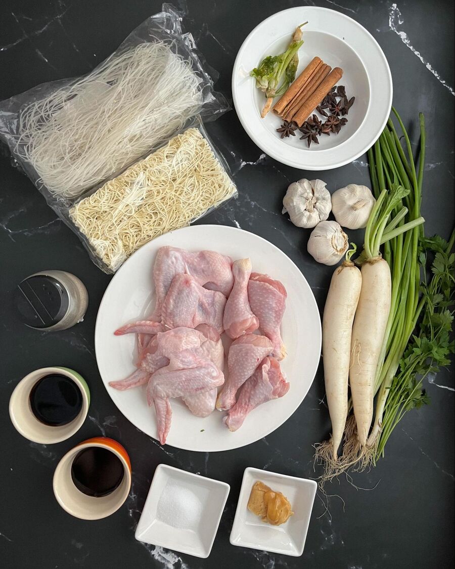 Start by gathering all the necessary ingredients for the braised chicken soup. 
