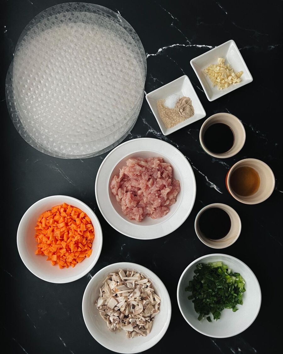 Begin by gathering all the necessary ingredients for crispy Thai-Vietnamese dumpling bites. 