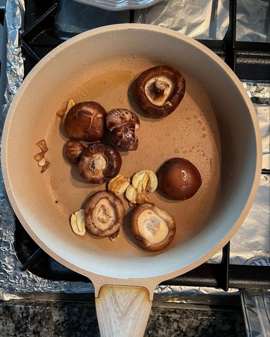 Add the mushrooms to the pan and sauté for about 2 minutes, or until they start to soften.