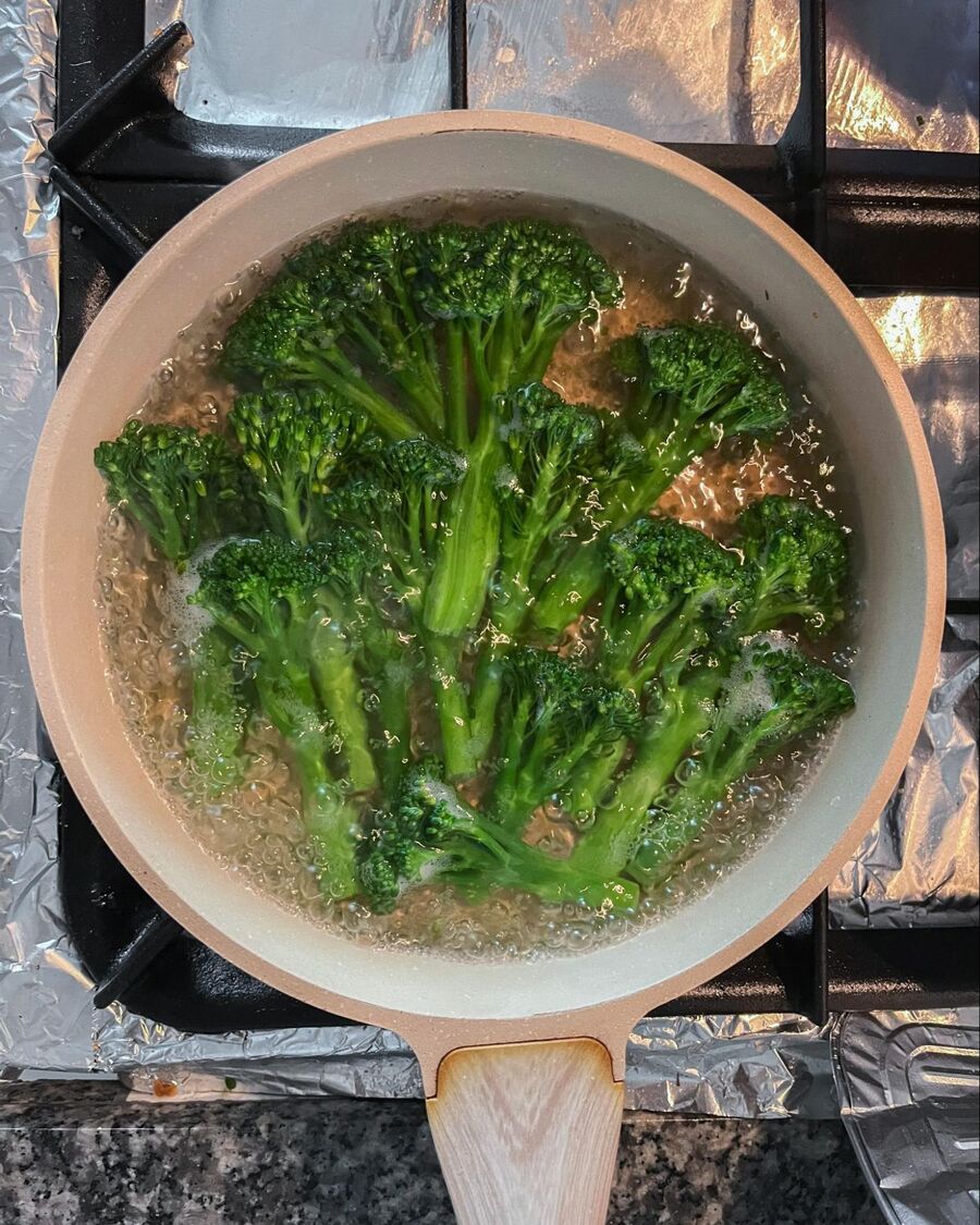 Place the broccoli in the boiling water and cook for about 2 minutes, or until the broccoli is tender and vibrant green. Then remove the broccoli from the heat.