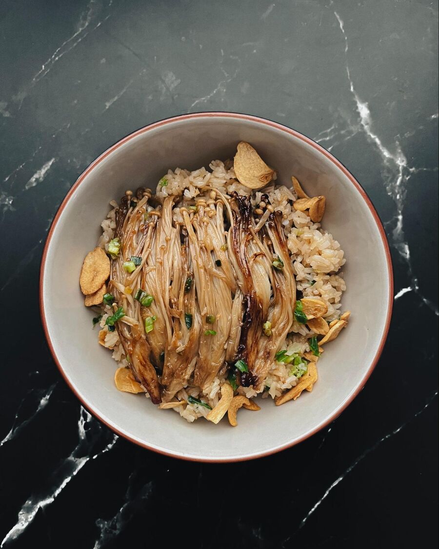 Serve the grilled mushrooms over the Japanese garlic fried rice. Enjoy!