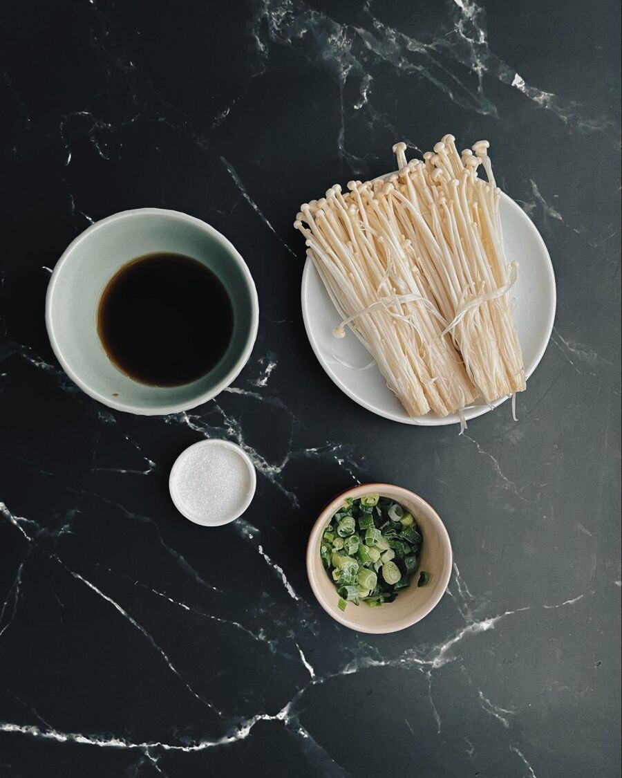 Start by gathering all the essential ingredients needed for the grilled teriyaki mushrooms. 