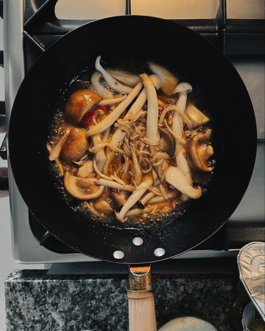 Stir to combine until the mushrooms are evenly coated with the sauce. Cook for about 2-3 minutes, until the sauce is slightly reduced and the mushrooms are tender.