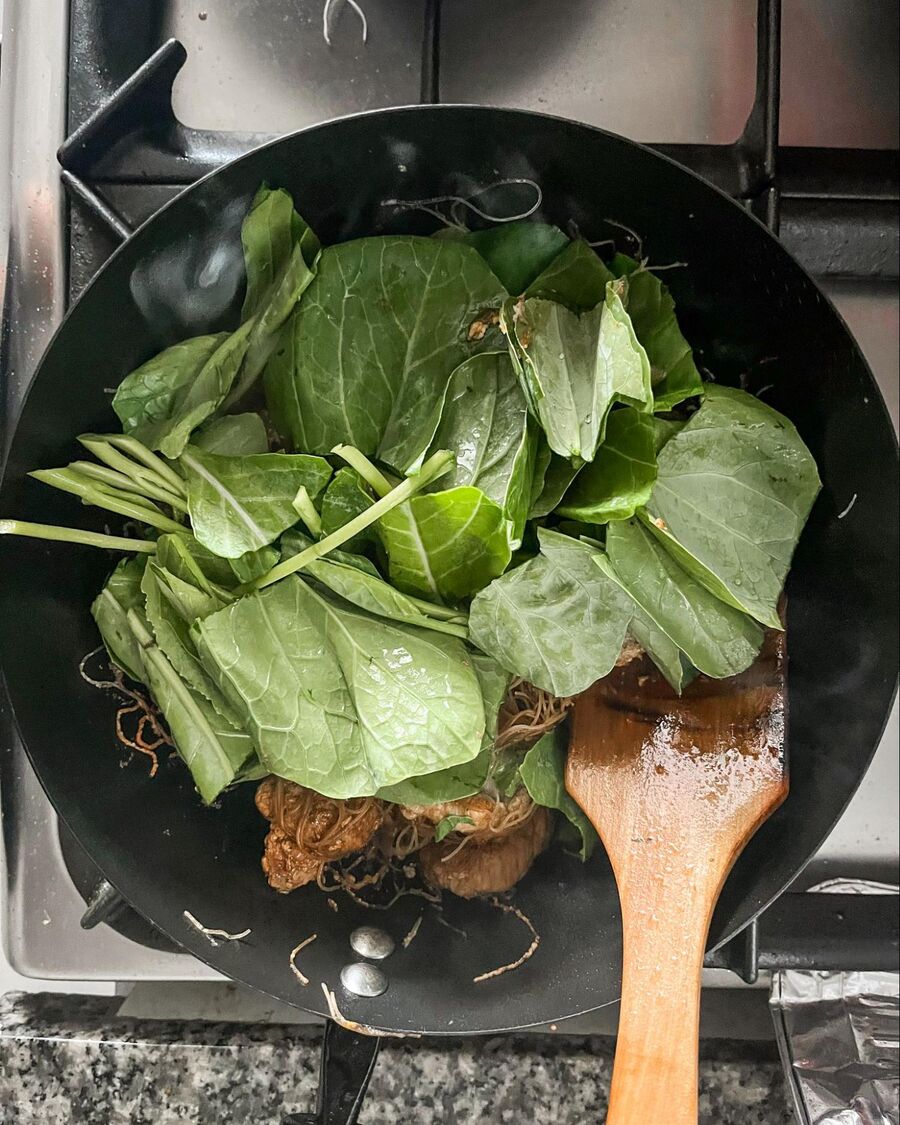 Add the gai lan and stir to mix for about 2 minutes, until the gai lan wilts.  