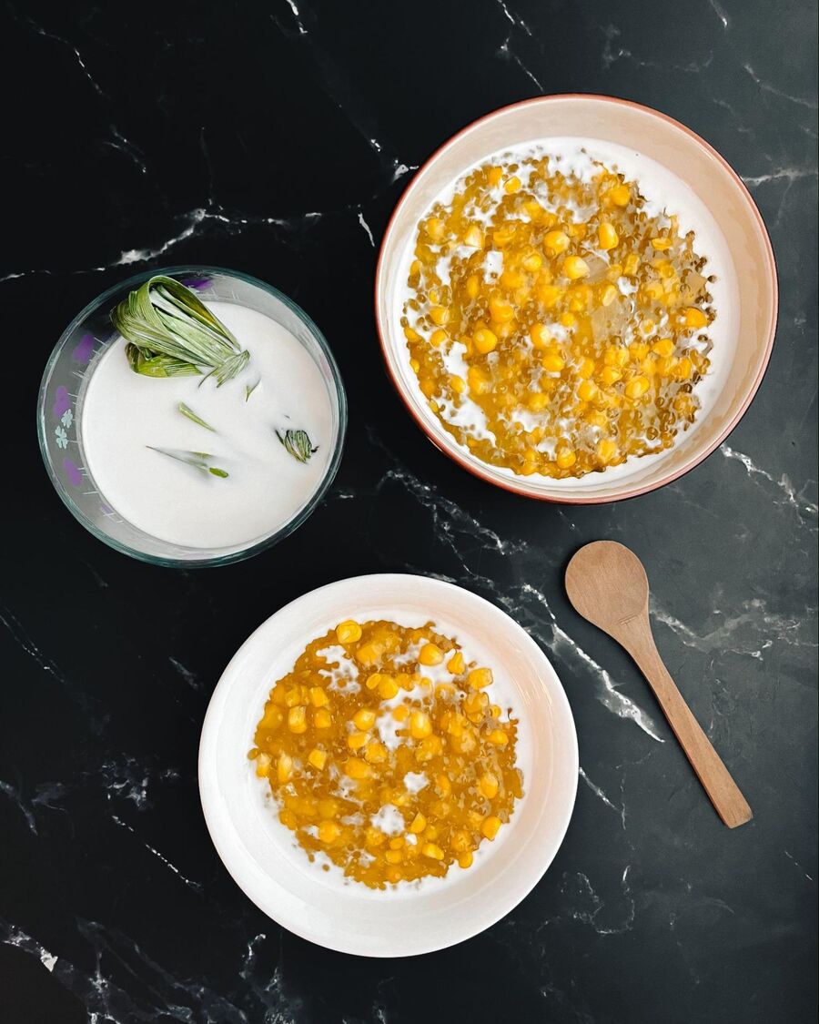 Spoon about ¼ cup of the coconut milk over the sweet corn tapioca pudding and serve warm. Enjoy!