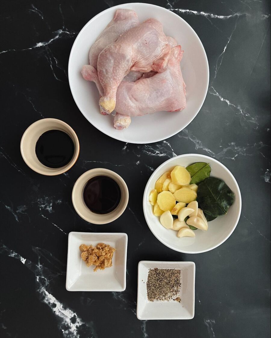 Start by gathering all the essential ingredients for Thai braised chicken in fish sauce.