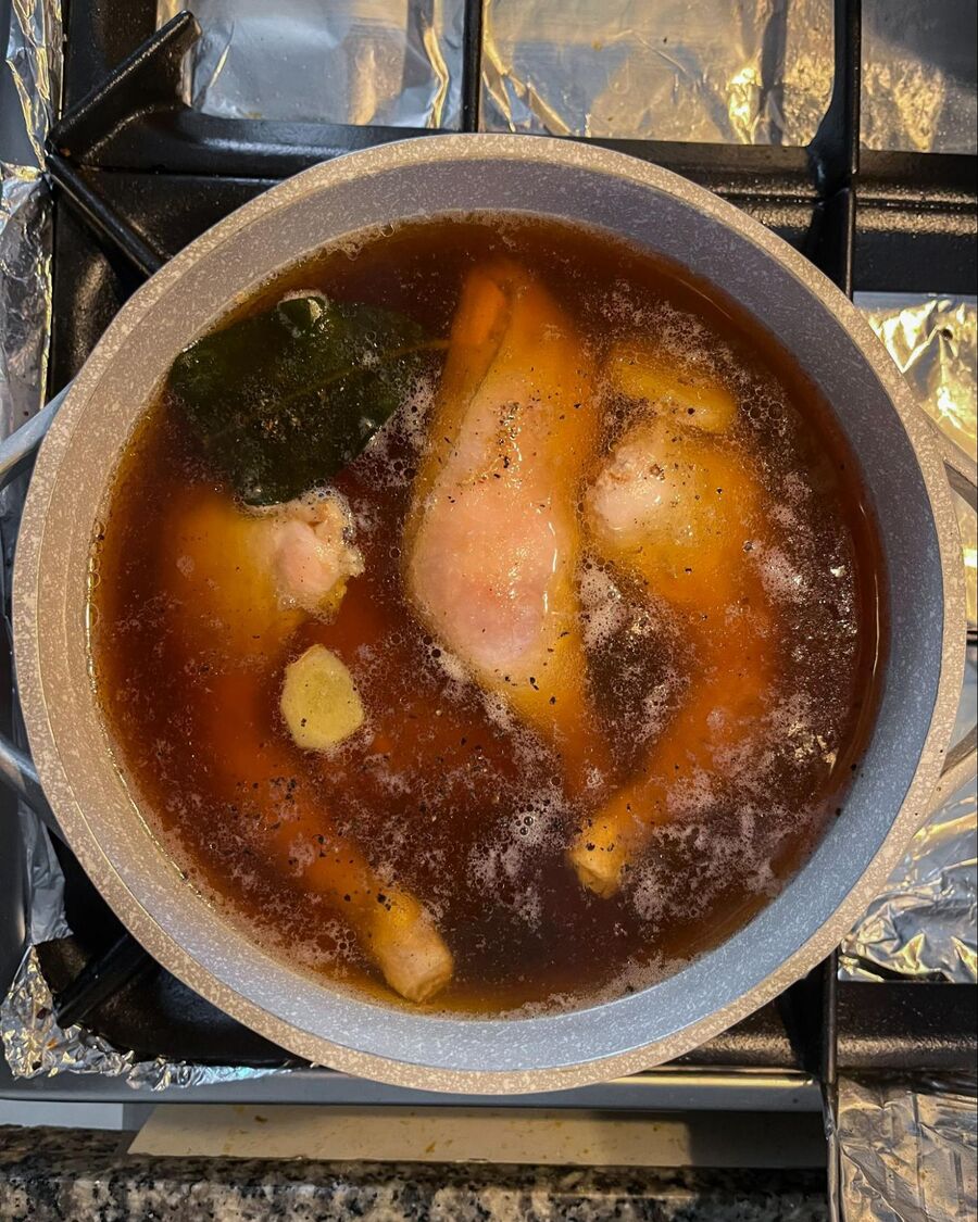 Once the chicken is cooked and tender, taste the broth and adjust the seasoning to your liking. The flavors should be a perfect blend between sweetness and saltiness. Then, reduce the heat to low.