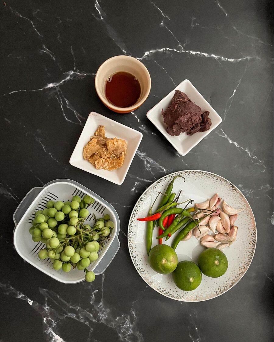 Start by gathering all the essential ingredients for your Nam Prik Kapi.