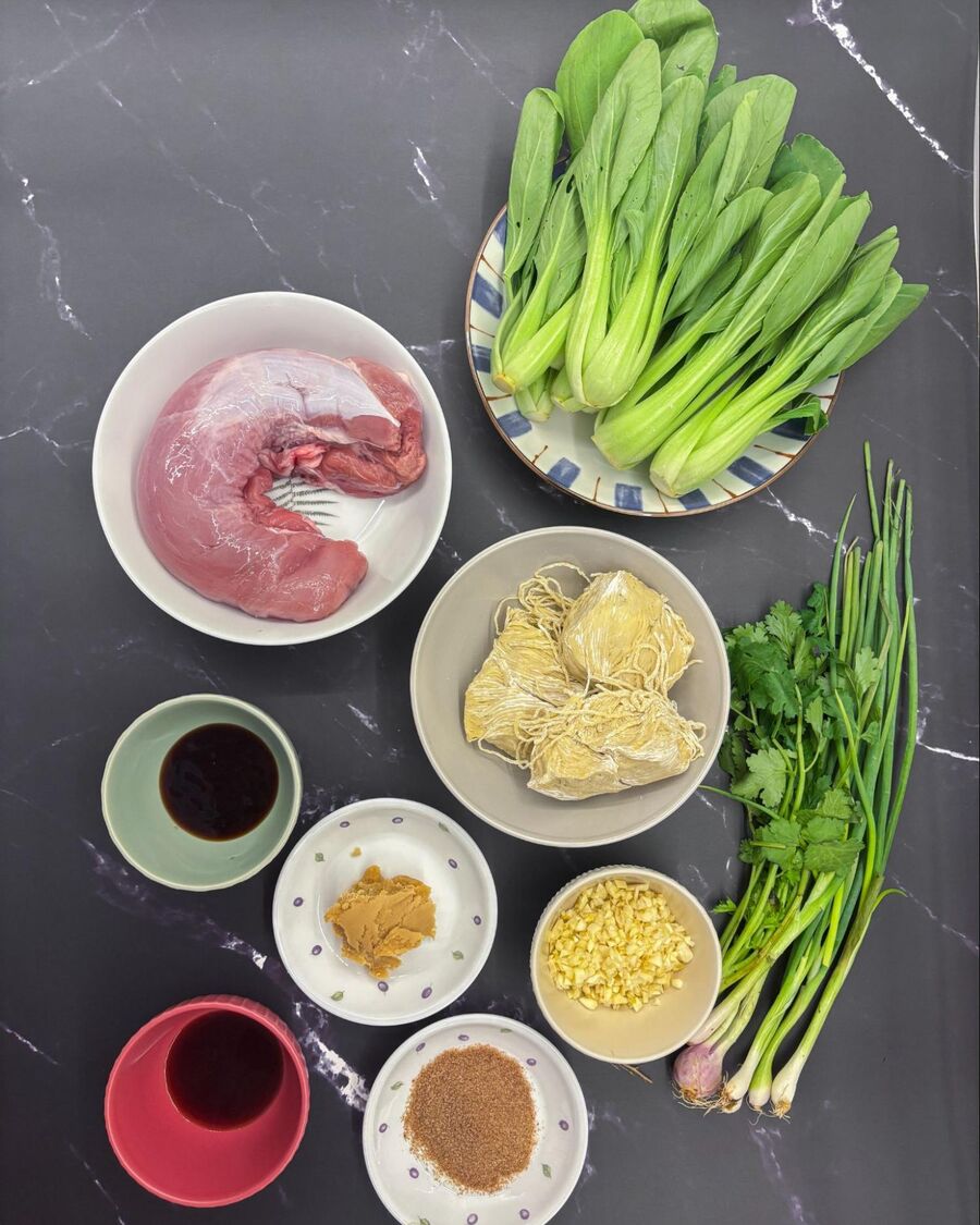 Start by gathering all the essential ingredients for Ba Mee Moo Yang.
