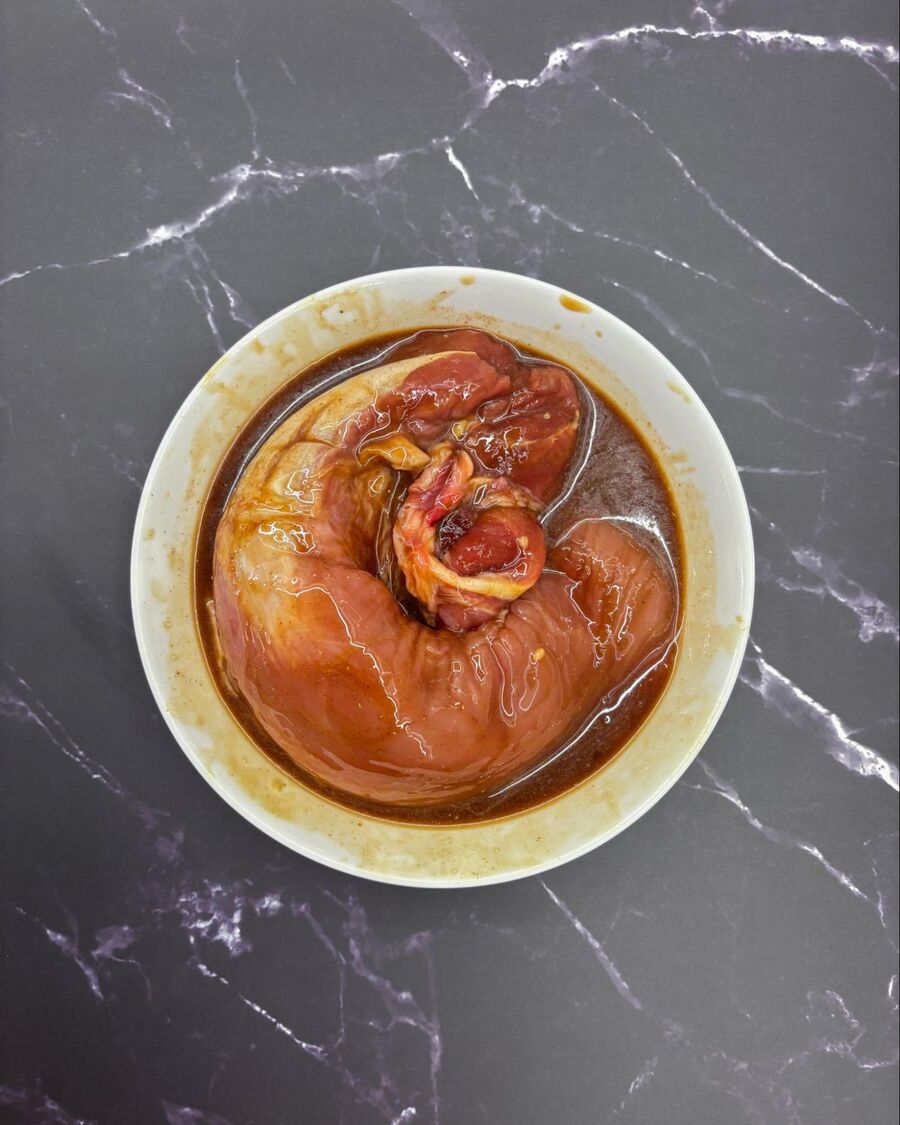 Mix all the ingredients until the palm sugar is fully dissolved, then let the pork marinate for at least 30 minutes.