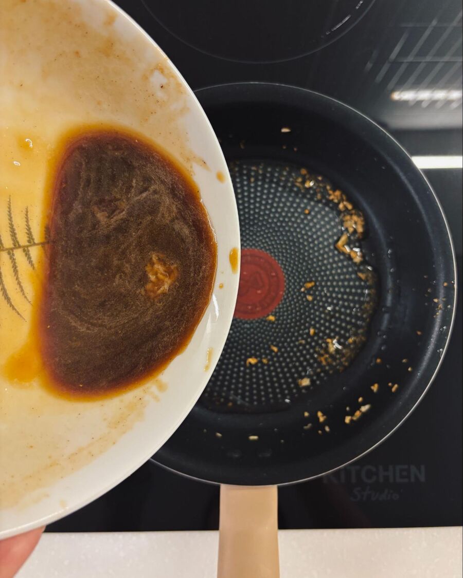 While the pork is cooking, you can prepare the sauce for the noodles using the leftover pork marinade.