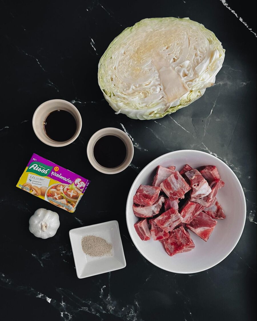 Start by gathering all the essential ingredients you’ll need to make Thai-style pork ribs and cabbage soup.