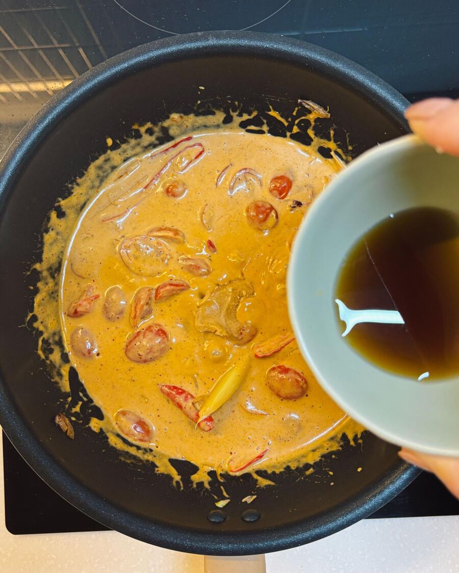 Season with fish sauce and palm sugar, stirring to combine for about a minute. If the sauce is too creamy, add some reserved pasta water and let it simmer for a few minutes.
