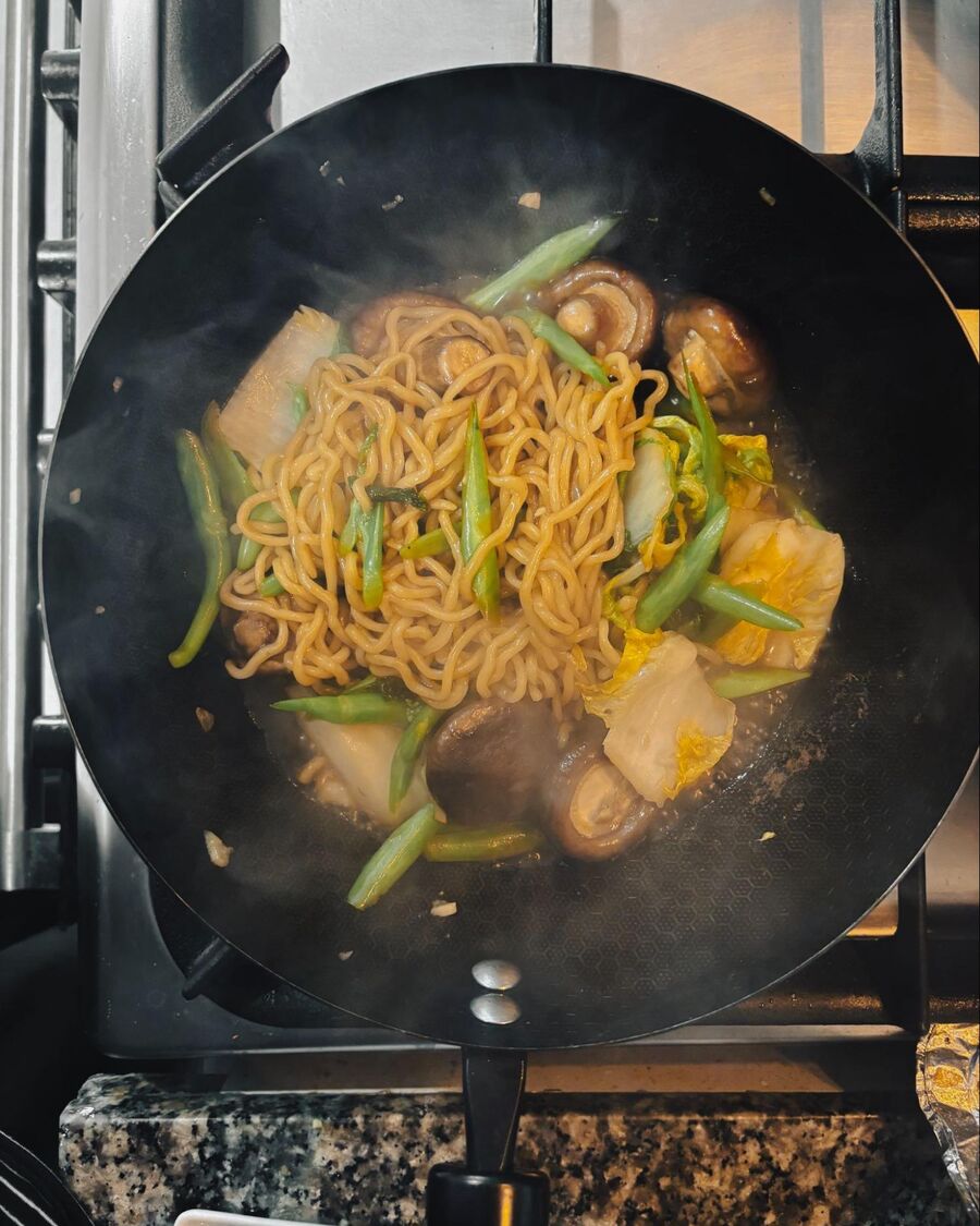 Stir everything together until well combined, then let it cook for about a minute so the noodles can absorb the sauce. Stir everything together until well combined, then let it cook for about a minute so the noodles can absorb the sauce.