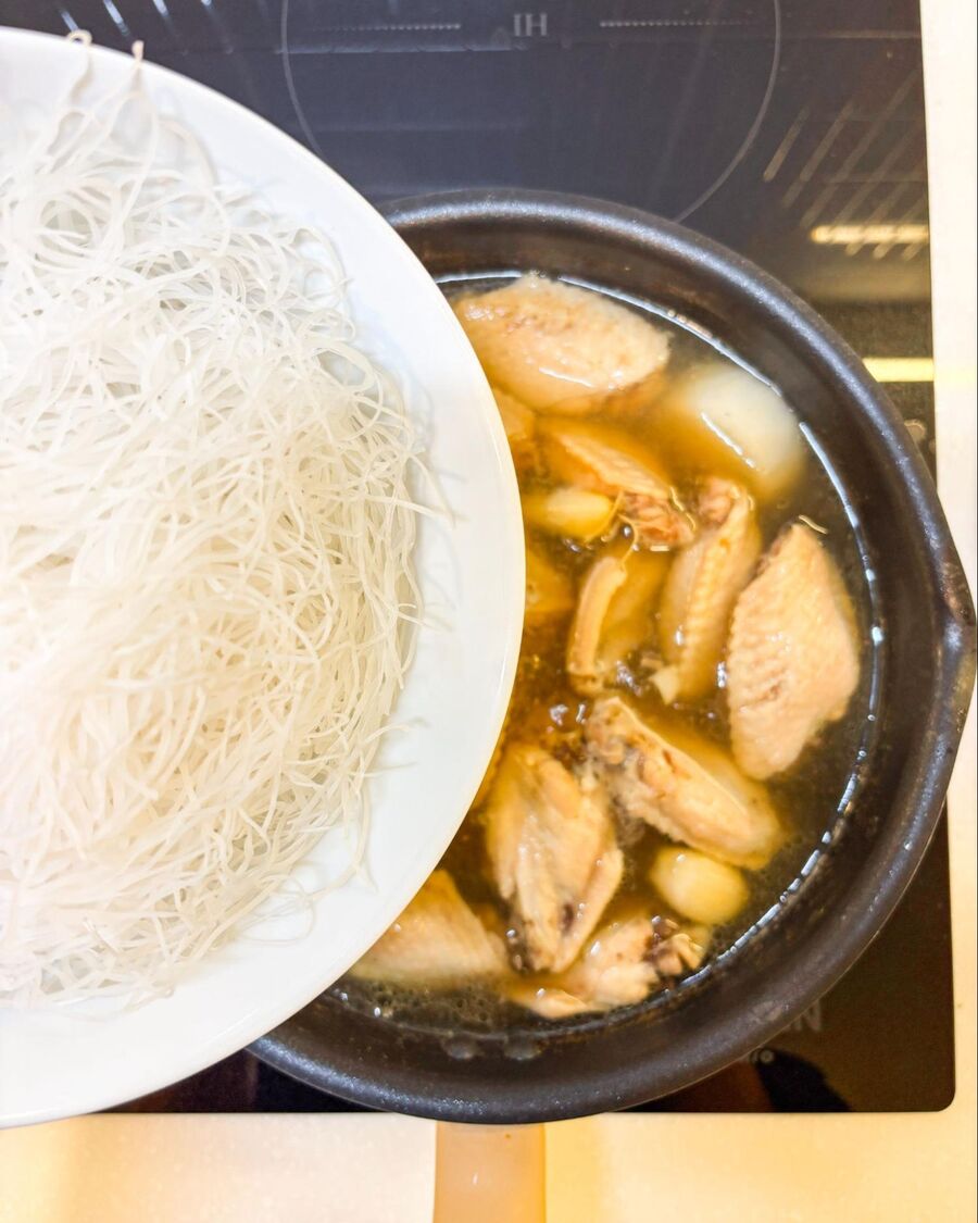 Once the soup is done, adjust the seasoning to taste. Add the glass noodles and cook for 3 minutes until just tender. Avoid adding too many, as leftover noodles will swell and soak up the soup. Once the soup is done, adjust the seasoning to taste. Add the glass noodles and cook for 3 minutes until just tender. Avoid adding too many, as leftover noodles will swell and soak up the soup.